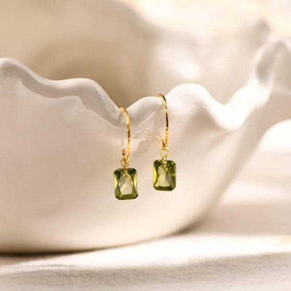 Sterling Silver Olive Green CZ Crystal Hook Earrings, Gold Vermeil Natural Pearl Fruit Wreath Dangle Drop Earring, Gift for Her