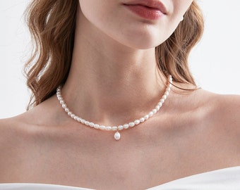 Natürliche Süßwasserperle Sterling Silber Choker Halskette, vergoldet Minimalist Perle Anhänger Hochzeit Braut Schmuck, Geschenk für Sie