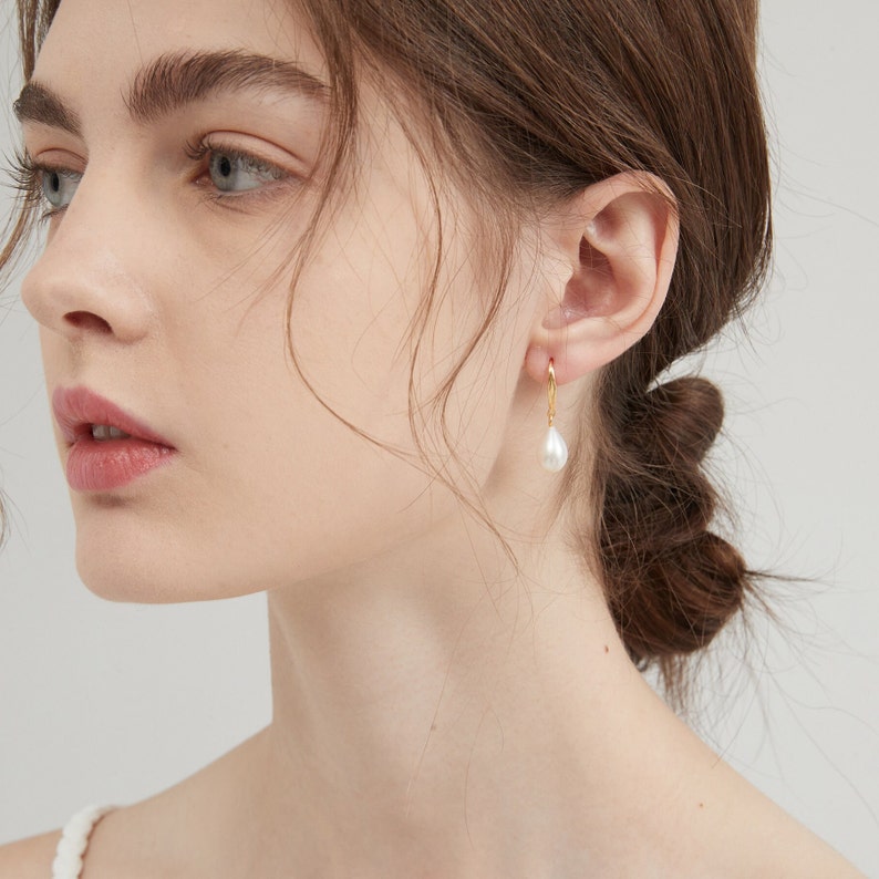 Natural Pearl Sterling Silver Dangle Earrings, Gold Plated S925 Hook Drop Earrings, Freshwater Pearl Wedding Bridal Earrings, Gift for Her image 8