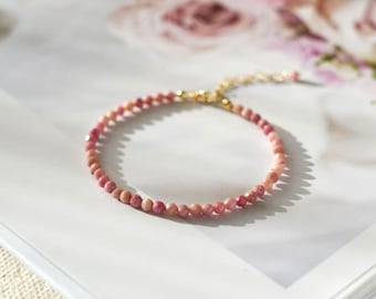 Natural 3mm Rhodonite Bracelet - Pink Heart Chakra Healing & Self-Love Stones - Emotional Balance Forgiveness Crystal Bracelet Gift for her