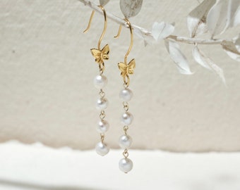 Natural Pearl on Butterfly Sterling Silver Dangle Earrings, Gold Plated Hook Drop Earrings, Freshwater Wedding Bride Earrings, Gift for Her