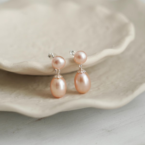 Natural Double Pearl Dangle Drop Earrings, Sterling Silver Droplet Freshwater Pearl Stud Earrings, Wedding Bride Earring, Gift for Her