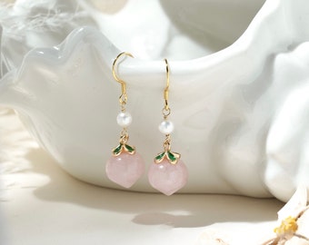 Sterling Silver Hook with Natural Rose Quartz Peach Dangle Earrings, Real Pearl Earring, Wedding Bride Bridesmaid Drop Earring, Gift for Her