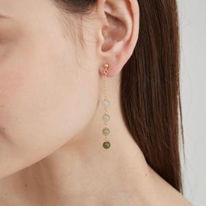 Può includere: Un orecchino color oro con una catena e quattro perline verdi di varie tonalità. L'orecchino pende dall'orecchio. Le perline sono rotonde e lisce.