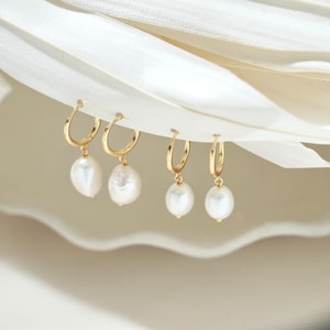 Pendientes colgantes colgantes de plata esterlina de perlas naturales de agua dulce, pendientes huggie de perlas chapadas en oro, pendientes de perlas de novia de boda, regalo para ella imagen 8