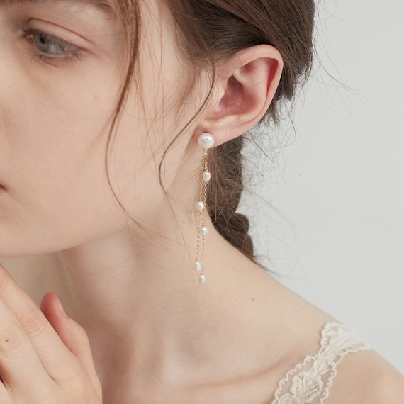 Boucles D'oreilles Pendantes En Perle D'eau Douce Naturelle - Beige Et Or - Artisanat Femme