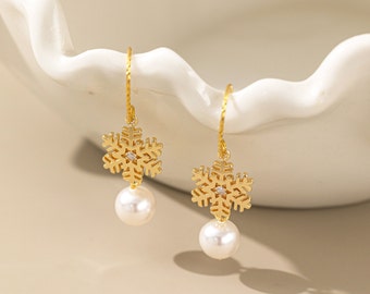 Boucles d'oreilles pendantes en perles naturelles, boucles d'oreilles crochets en perles flocon de neige, boucles d'oreilles pendantes en argent pour mariée, bijoux de mariage de demoiselle d'honneur, cadeau pour elle