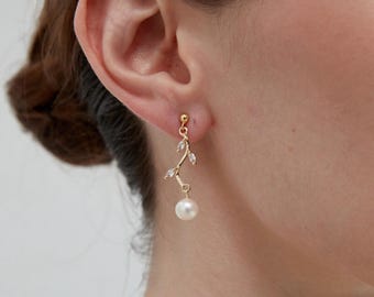 Sterling Silver CZ Crystal Leaf Earrings with Freshwater Pearl Dangle, Gold Vermeil Studs, Wedding Bridal Jewellery, Gift for Her