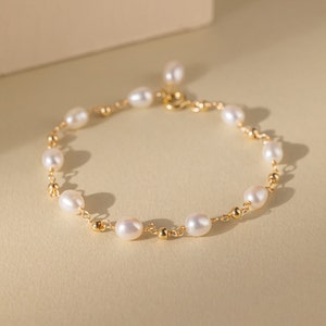 Pulsera de plata de ley con perlas naturales de agua dulce, pulsera de cuentas de perlas reales delicadas chapadas en oro, joyería de novia de boda, regalo de la madre para ella Bracelet Max 18cm