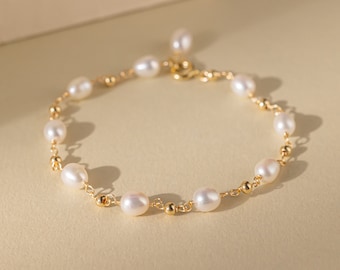 Natural Freshwater Pearl Sterling Silver Bracelet, Gold Plated Dainty Real Pearl Bead Bracelet, Wedding Bride Jewelry, Mother's Gift for Her