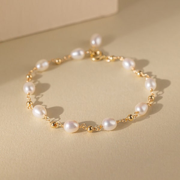 Bracelet en argent sterling avec perles d'eau douce naturelles, bracelet en perles fines véritables plaquées or, bijoux de mariée de mariage, cadeau de mère pour elle