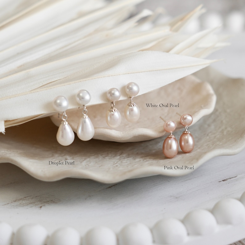 Orecchini pendenti pendenti in argento sterling con perle doppie naturali, orecchini a bottone con perle d'acqua dolce vere goccioline S925, regalo di gioielli per la sposa immagine 4