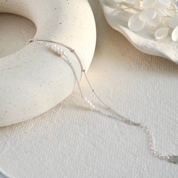 Natural Freshwater Pearl Sterling Sliver Duo-Layer Bracelet, Gold Plated S925 Dainty Real Pearl Bead Bracelet, Wedding Bride, Gift for Her