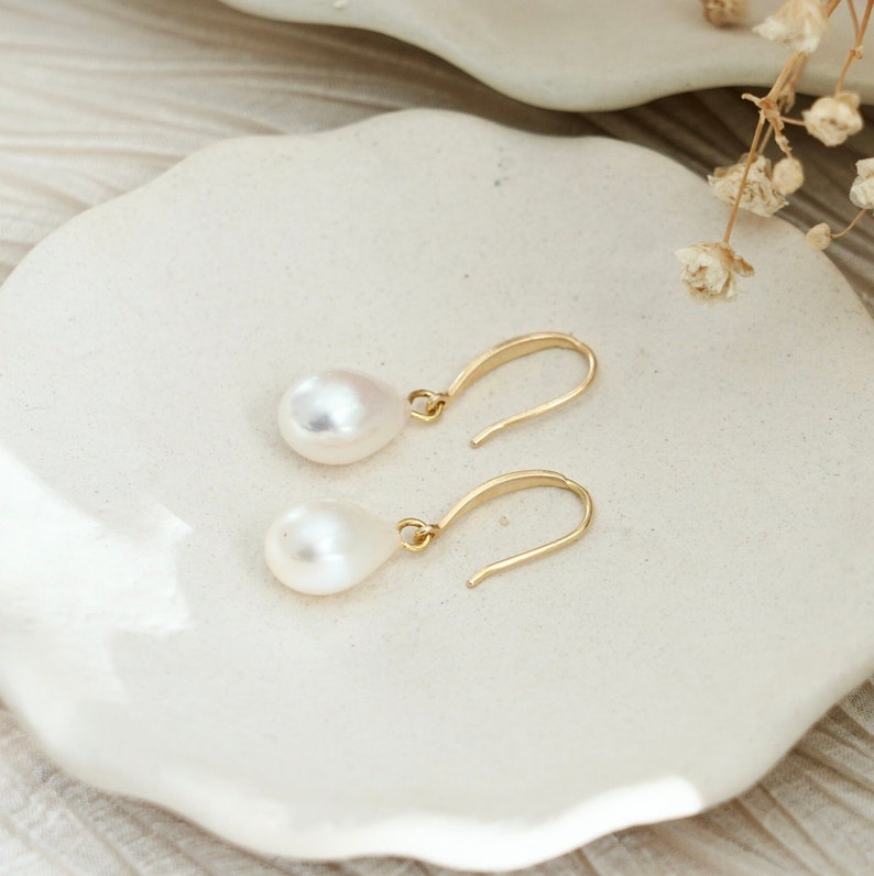 Natural Pearl Sterling Silver Dangle Earrings, Gold Plated S925 Hook Drop Earrings, Freshwater Pearl Wedding Bridal Earrings, Gift for Her image 7