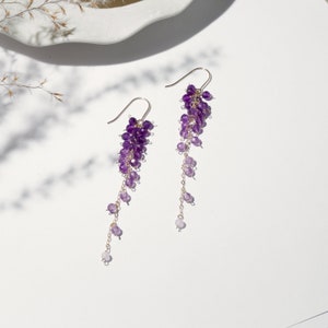 Boucles d'oreilles pendantes en argent sterling améthyste naturelle feuille d'olivier, boucle d'oreille crochet S925 véritable améthyste glycine fleur raisin fruits, cadeau pour elle image 6