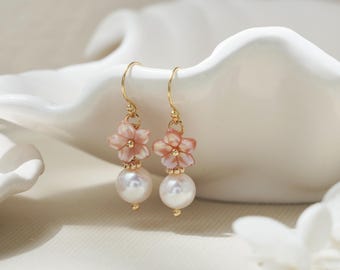 Natural Pearl with Mother of Pearl Flower Hook Earrings, Gold Plated Sterling Silver Pearl Dangle Drop Earring, Wedding Bride Gift for Her