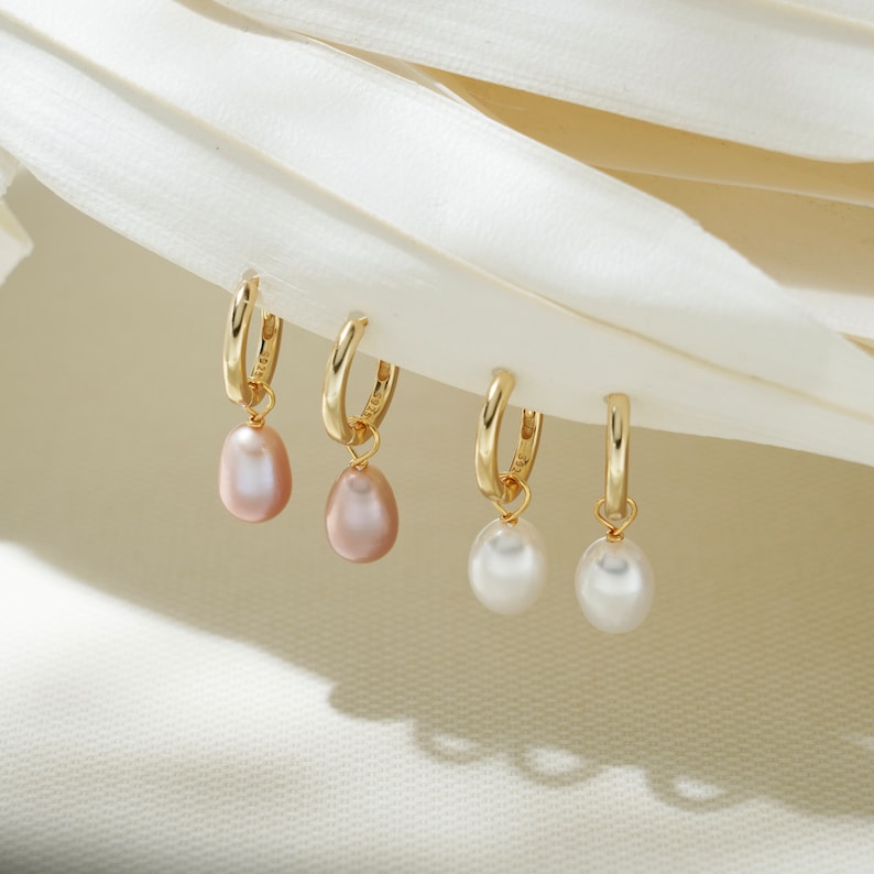 Natural Freshwater Pink Pearl Sterling Sliver Dangle Earrings, Gold Plated S925 Real Pearl Hoop Earring, Wedding Bride Earring, Gift for Her image 3