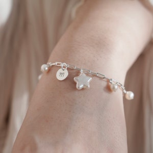 Natural Freshwater Pearl Sterling Sliver Initial Letter Bracelet, Genuine Star Personalised Pearl Bracelet, Wedding Bracelet, Gift for Her