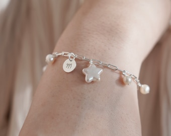 Natural Freshwater Pearl Sterling Sliver Initial Letter Bracelet, Genuine Star Personalised Pearl Bracelet, Wedding Bracelet, Gift for Her