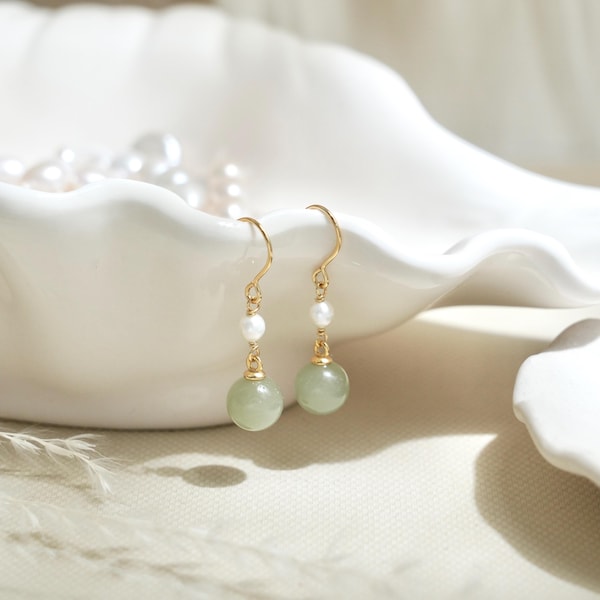 Sterling Silver Natural Jade with Pearl Dangle Earrings, Gold Plated S925 Hook Drop Earring, Green Stone Wedding Bride Earring, Gift for Her