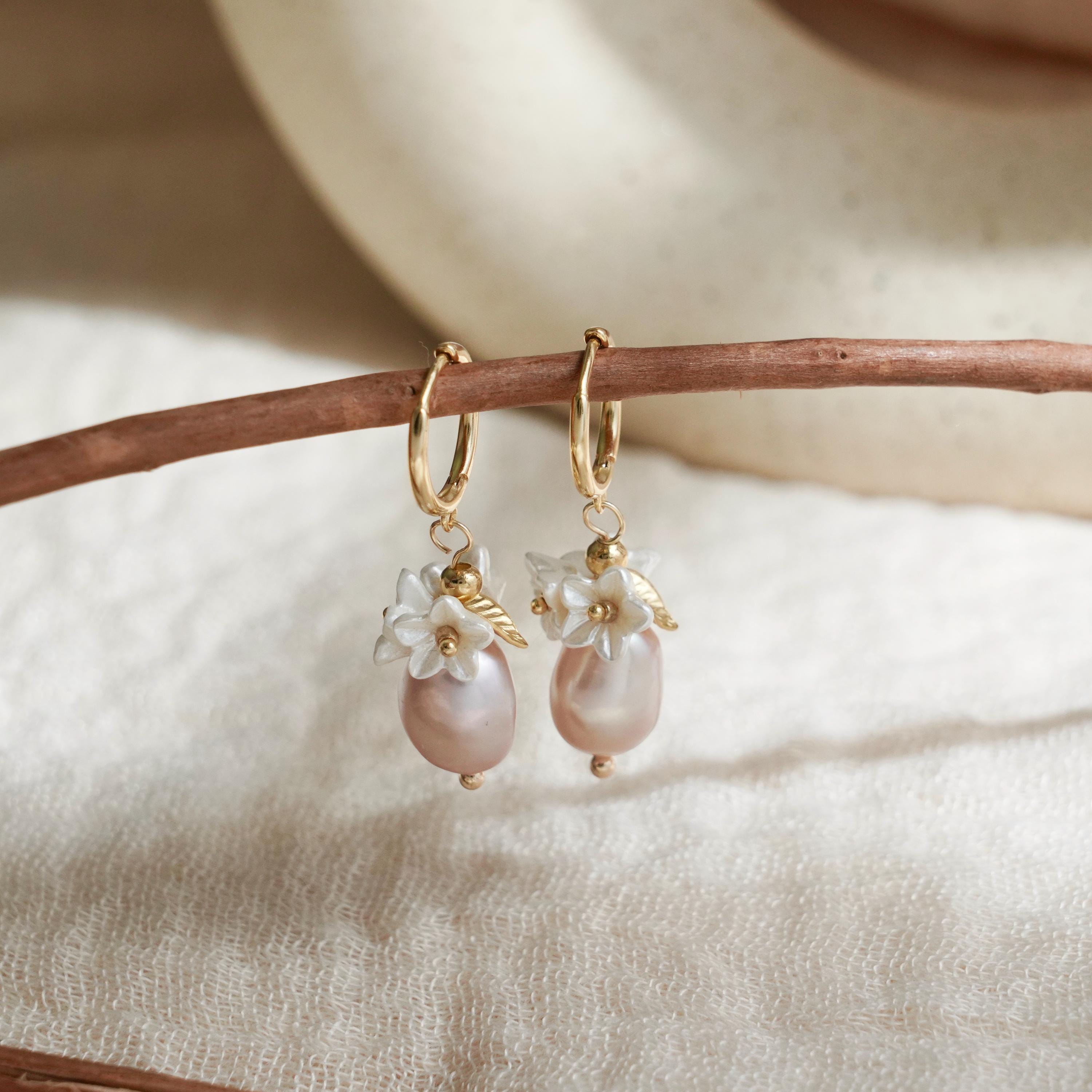 Sterling Silver Natural Pearl & Cherry Blossom Flower Dangle Drop Earrings, Gold Vermeil Genuine Gemstone Huggie Hoop Earring, Gift for Her
