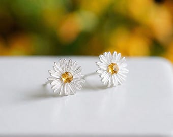 Pendientes de botón con flor de margarita de citrino natural, pendientes florales de plata de ley con piedra de nacimiento de noviembre, regalo de joyería botánica para ella.