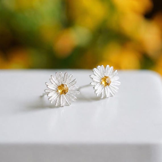 Natural Citrine Daisy Flower Stud Earrings, November Birthstone Sterling Silver Floral Earrings, Botanical Jewelry Gift for Her