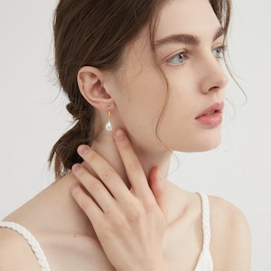 Natural Pearl Sterling Silver Dangle Earrings, Gold Plated S925 Hook Drop Earrings, Freshwater Pearl Wedding Bridal Earrings, Gift for Her image 6