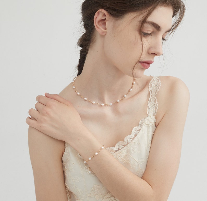 Natürliche Süßwasserperle Sterling Silber Halsband, vergoldete S925 echte Perlenkette, Hochzeit Braut echte Perlen Schmuck, Geschenk für Sie Bild 4