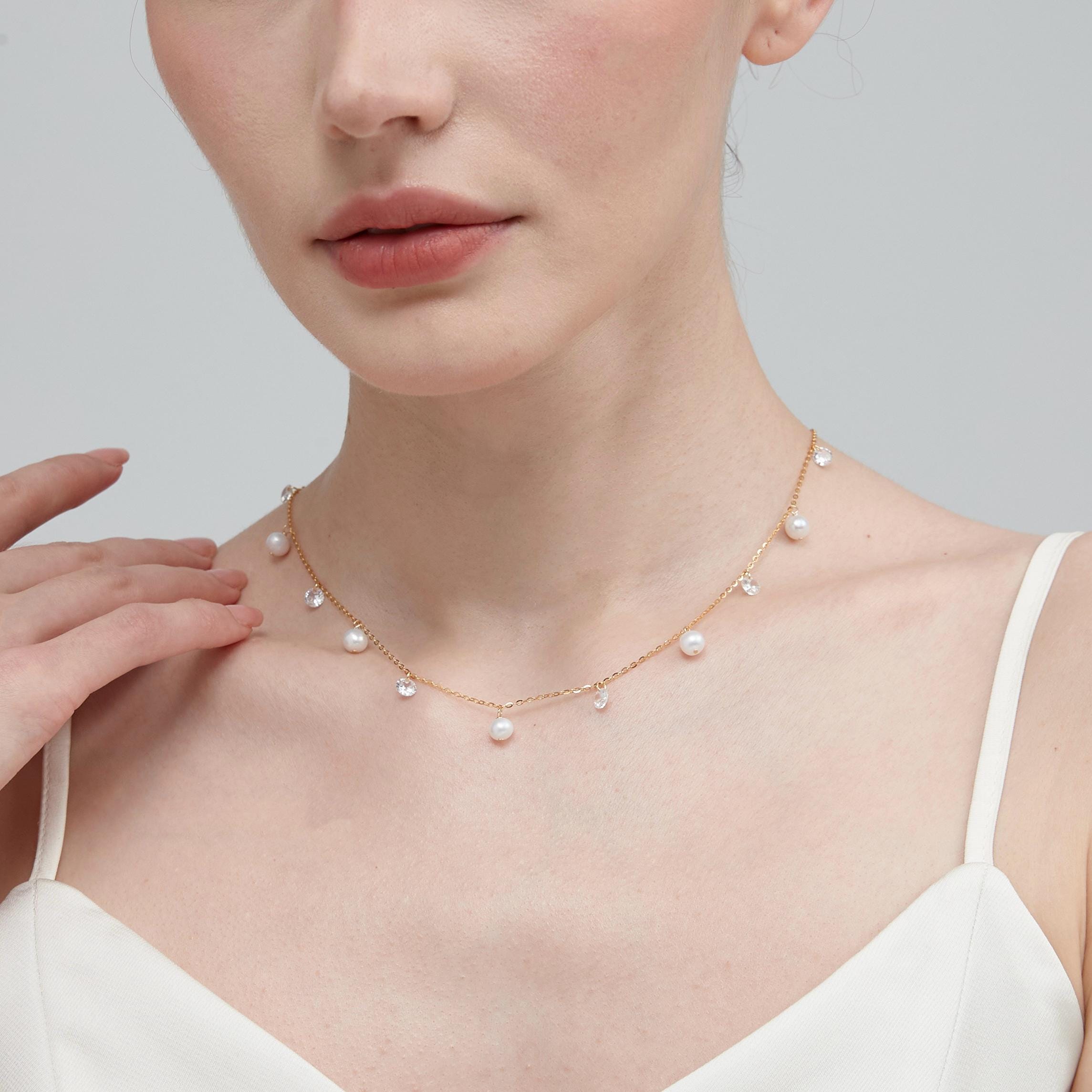 Genuine Freshwater Pearl With CZ Crystal Necklace, Gold Plated