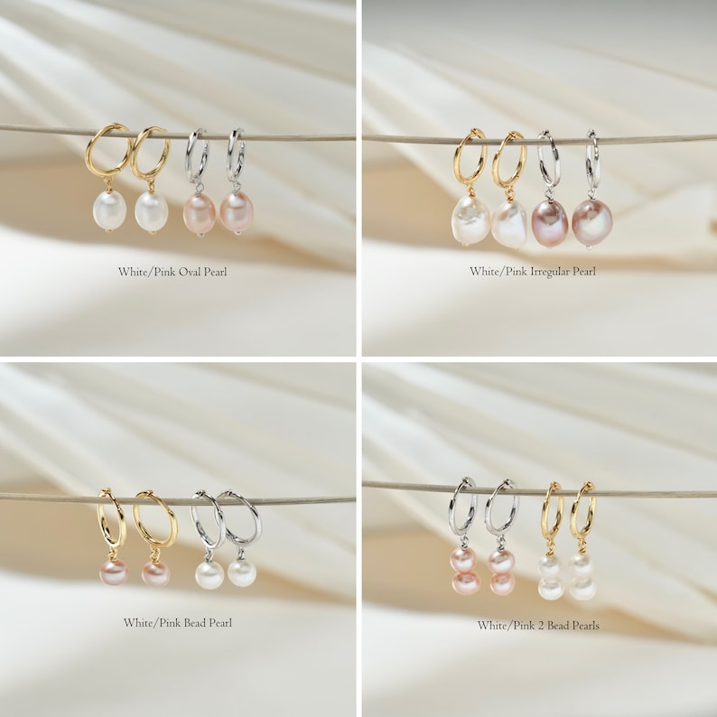 Pendientes colgantes colgantes de plata esterlina de perlas naturales de agua dulce, pendientes huggie de perlas chapadas en oro, pendientes de perlas de novia de boda, regalo para ella imagen 4