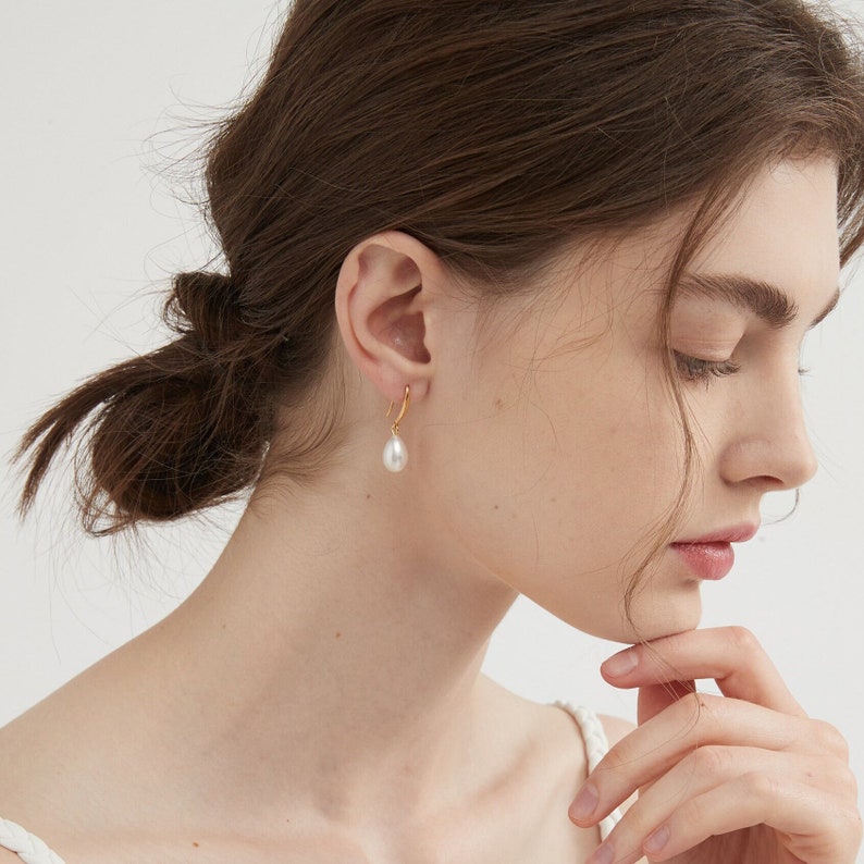 Natural Pearl Sterling Silver Dangle Earrings, Gold Plated S925 Hook Drop Earrings, Freshwater Pearl Wedding Bridal Earrings, Gift for Her image 2