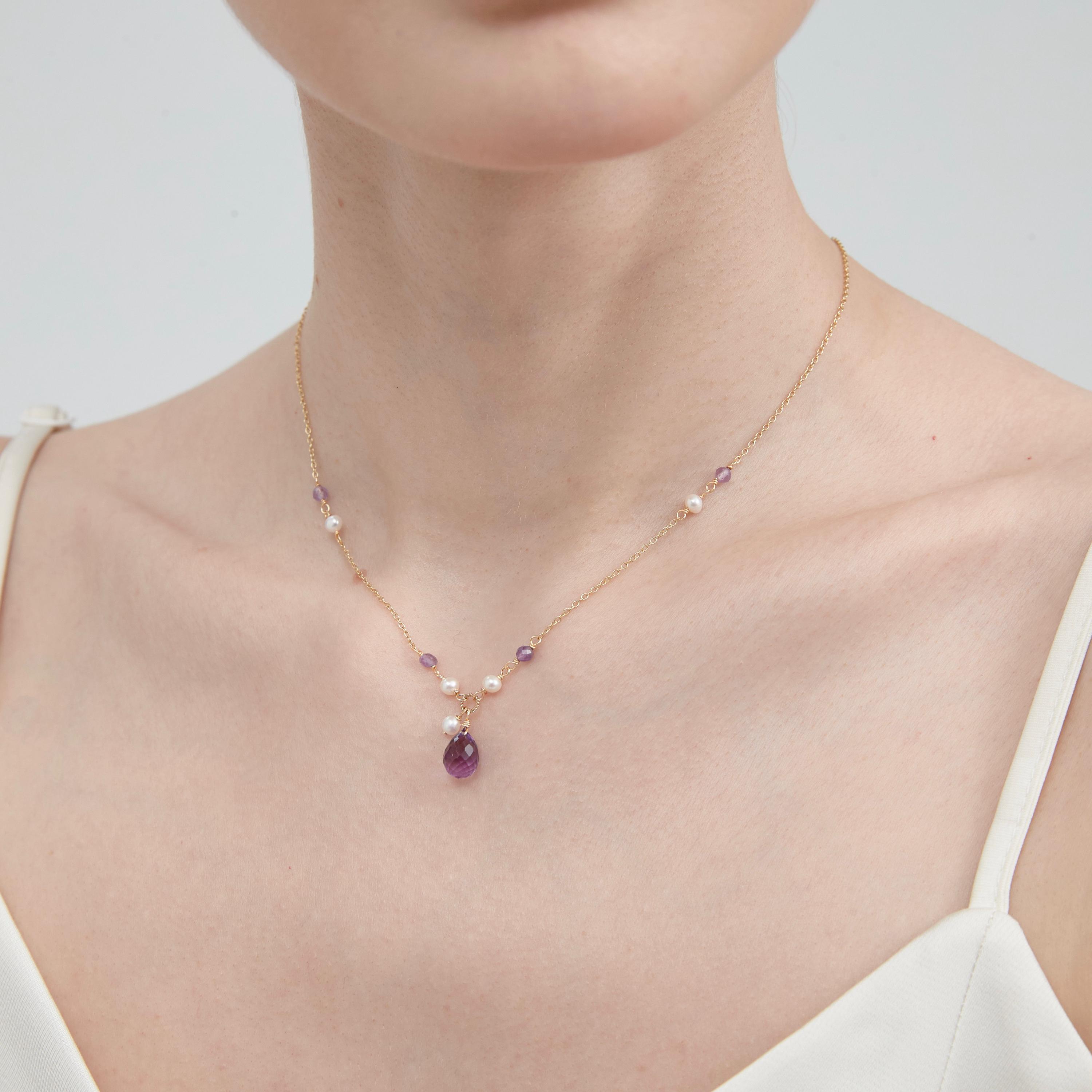 Collana Di Perle Barocche Di Ametista: Dettagli In Oro 14k, Filo Annodato Da 38 Pollici - Italia - Foto 9