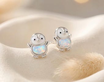 Penguin Opal Silver Stud Earrings – Cute Gold Animal Earrings – Dainty White Fire Opal Jewelry Gift for Her