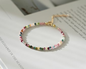 Bracciale in tormalina naturale color arcobaleno da 2,5 mm - Amore, guarigione, calma ed equilibrio energetico - Bracciale in cristallo protettivo e curativo, regalo per lei