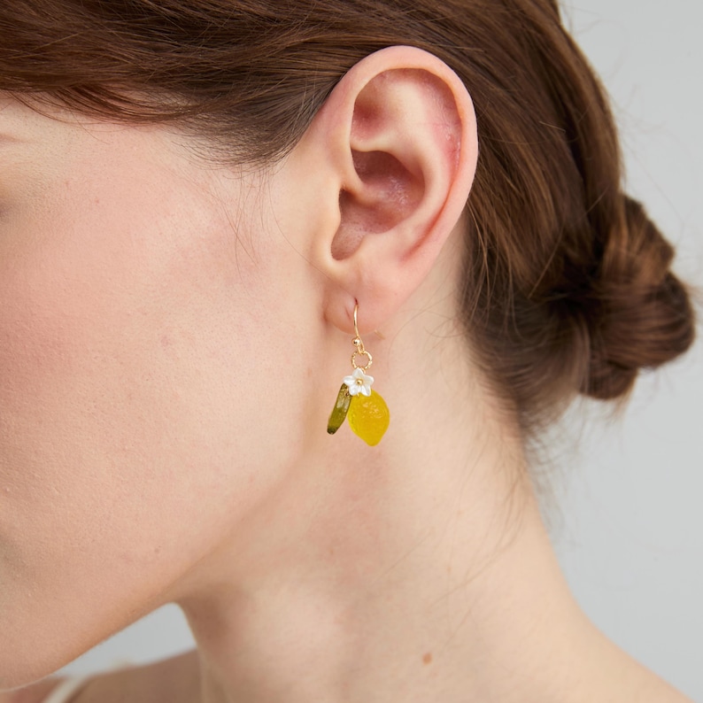 Delicate Lemon with Leaf Dangle Drop Earrings, Gold Vermeil Sterling Silver Orange Fruit Earring, Summer Vacation Anniversary Gift for Her image 8