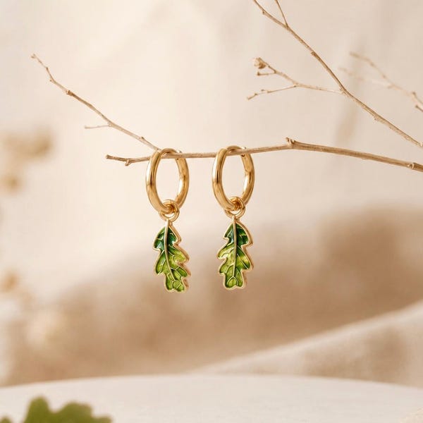 Oak Leaf Huggie Earrings, Green Enamel Hoop Earrings, Nature Inspired Jewelry, Woodland Gift for Her