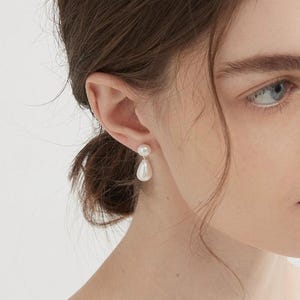Natural Double Pearls Sterling Silver Dangle Drop Earrings, S925 Droplet Real Freshwater Pearl Stud Earrings, Wedding Bride Jewellery Gift