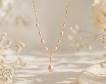 Pink Freshwater Pearl Y Necklace – Gold Vermeil Sterling Silver Pearl Drop Necklace – Bridal Necklace – Bridesmaid Gift for Her