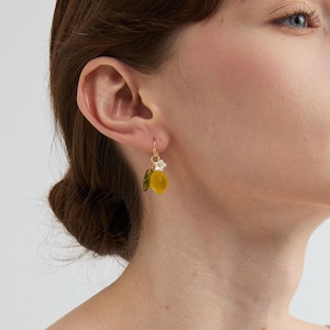 Delicate Lemon with Leaf Dangle Drop Earrings, Gold Vermeil Sterling Silver Orange Fruit Earring, Summer Vacation Anniversary Gift for Her image 4