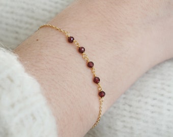 Natural Garnet Birthstone Sterling Sliver Bracelet, Gold Plated S925 Dainty Real Stone Bead Bracelet, Wedding Bride Jewelry, Gift for Her