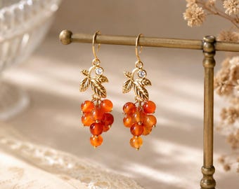 Natural Carnelian Grape Earrings, Red/Orange Gemstone Dangle Earrings, Leaf Earrings, Gold Plated Earrings, Autumn Jewelry Gift