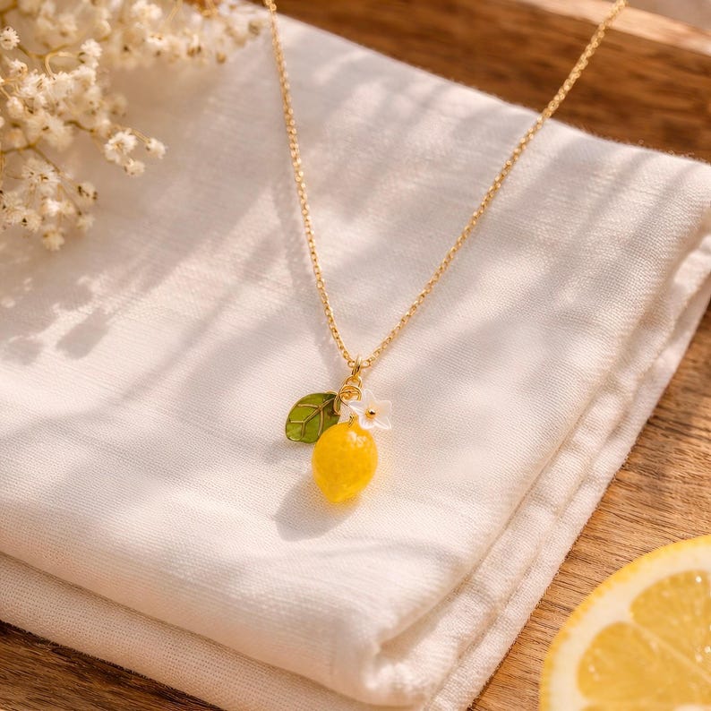 Delicate Lemon with Leaf Dangle Drop Earrings, Gold Vermeil Sterling Silver Orange Fruit Earring, Summer Vacation Anniversary Gift for Her image 7