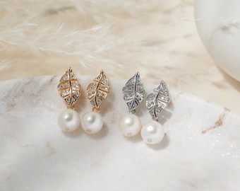 Freshwater Pearl Leaf Dangle Earrings: CZ Crystal, Sterling Silver Studs, Wedding Bridal Jewellery, Gift for Her