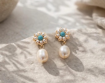 Natural Turquoise on Daisy Flower with Pearl Stud Earring, Genuine Pearl Flower Dangle Drop Earring, Wedding Bride Earrings, Gift for Her