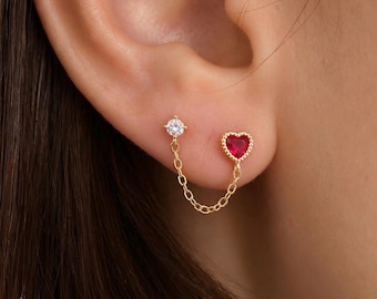 Sterling Silver Ruby Heart Chain Stud Earrings, Gold Vermeil Earrings, 925 Sterling Silver Double Piercing Earring, Dainty CZ Ear Chain Jew