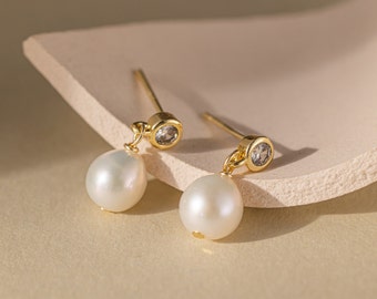 Boucles d'oreilles pendantes en perles d'eau douce naturelles, boucles d'oreilles en vraies perles, boucles d'oreilles pendantes en argent pour mariée, bijoux de mariage de demoiselle d'honneur, cadeau pour elle