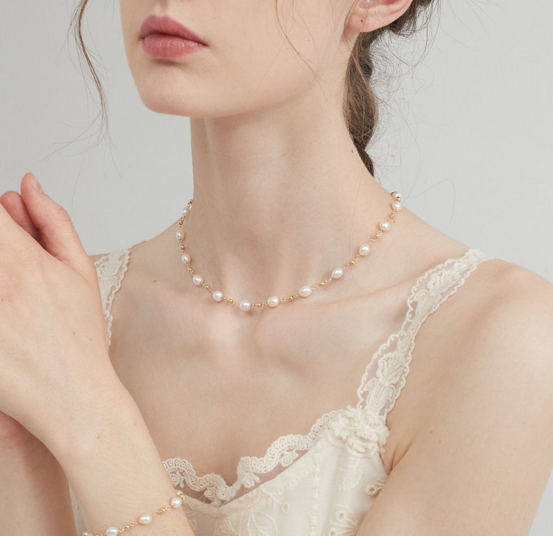 Natürliche Süßwasserperle Sterling Silber Halsband, vergoldete S925 echte Perlenkette, Hochzeit Braut echte Perlen Schmuck, Geschenk für Sie Bild 1