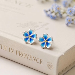Blue Forget Me Not Earrings, Flower Stud Earrings, Enamel Floral Studs, Botanical Earrings, Wildflower Jewelry