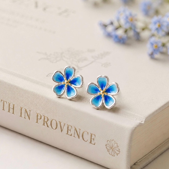 Blue Forget Me Not Earrings, Flower Stud Earrings, Enamel Floral Studs, Botanical Earrings, Wildflower Jewelry
